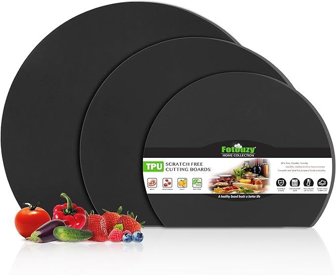 Fotouzy TPU Silicone Cutting Boards for Kitchen, Thick Rubber Flexible Cutting Board Mats, Black Cutting Mats Nonslip, Half Round Cutting Mat for Kitchen Dishwasher Safe, BPA Free, Multi Sizes 3 Pcs