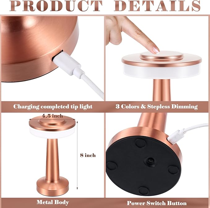 Riakrum 4 Pcs LED Portable Cordless Table Lamp with Touch Sensor 3 Color Stepless Dimming Rechargeable Battery up to 15 Hours Cordless Table Light Wireless Lamp for Nursery (Rose Gold)
