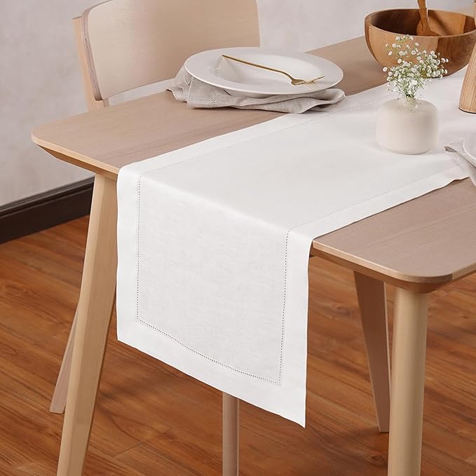Home Ekaa 100 % Pure Linen White Table Runner 90 inches Long – Washable Hemstitch 14 x 90 Inch Table Runner for Dining, Christmas, Fall, Winter, Holiday & New Years Decor – Elara