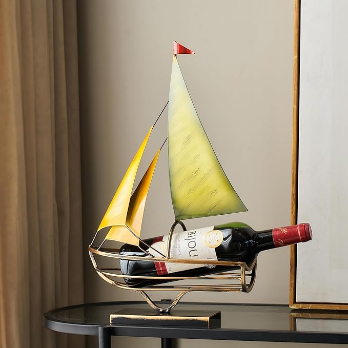 Metal Sailboat Wine Rack for Countertop – Decorative Wine Bottle Holder for Kitchen Bar Dining Table, Boat Sculpture Wine Stand Nautical Home Decor (Gold and Green)