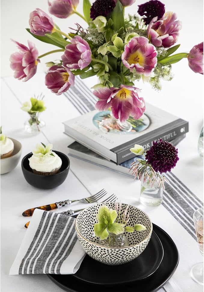 Solino Home Linen Table Runner 60 Inches - 100% Pure Linen Black and White Farmhouse Table Runner 14 x 60 Inch Ideal for Dresser and Coffee Tables - Holiday