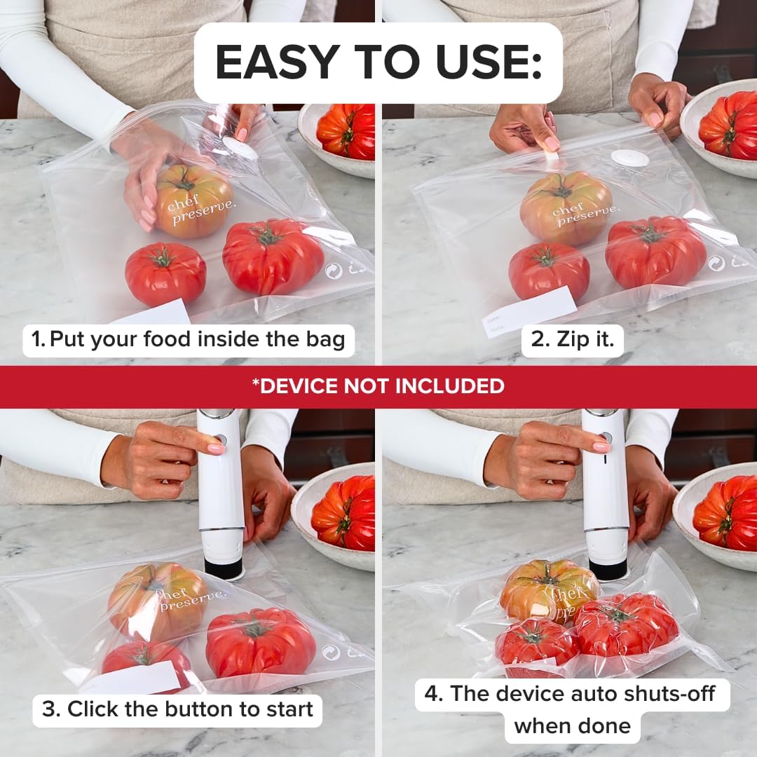 Chef Preserve Reusable Vacuum Sealer Bags for Food – 30 BPA-Free Medium (10 x 11 in) Food Storage Bags, Freezer, Microwave – Odor-Resistant, Leak-Proof – Compatible with Chef Preserve Vacuum Sealers