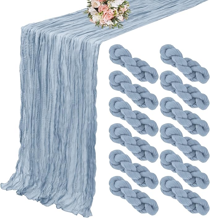 12 Pack Cheesecloth Table Runner 20 x 120 inch Cheese Cloth Table Runner Bulk,Romantic Boho Sheer Gauze Fabric Table Runners for Wedding Reception,Party,Bridal Shower Table Decor(Dusty Blue)