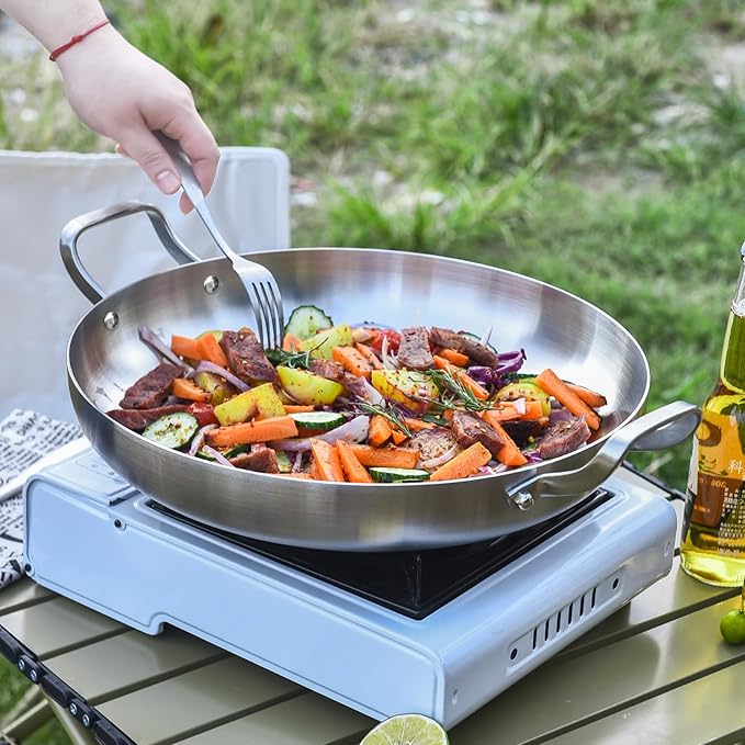 Inqibee 10-Inch Tri-Ply Stainless Steel Paella Pan with Lid, Omelet Pan, Large Skillet, Griddle, Stir-Fry, Jumbo Cooker, Induction Cooking, Dishwasher and Oven Safe