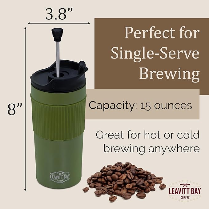 Portable French Press Travel Mug – Insulated Stainless Steel French Press Mug for Hot or Cold Brew – Durable Travel Coffee Maker – On-the-Go Tea & Coffee Maker (Army Green)