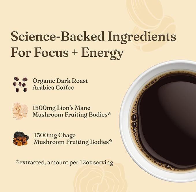 Four Sigmatic Focus Mushroom Coffee | Organic Ground Coffee with Lion's Mane Mushroom and Chaga for Better Focus and Immune Support | 12oz Bag