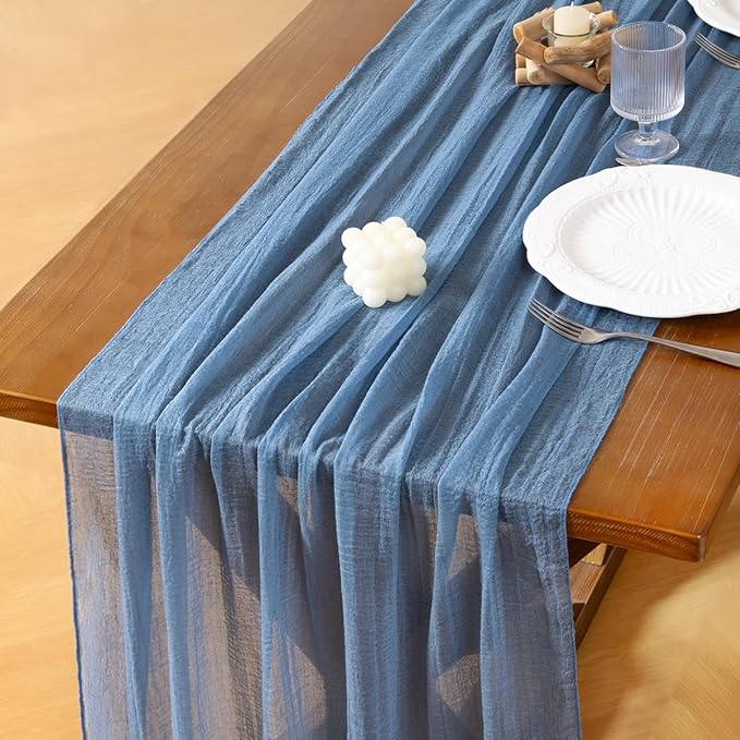 Socomi 6pcs Dusty Blue Fall Thanksgiving Gauze Cheesecloth Table Runner 120 Inch Rustic Boho Cheese Cloth Runner for Wedding Party Baby Bridal Shower Centerpiece Decoration Holiday Home Decorations