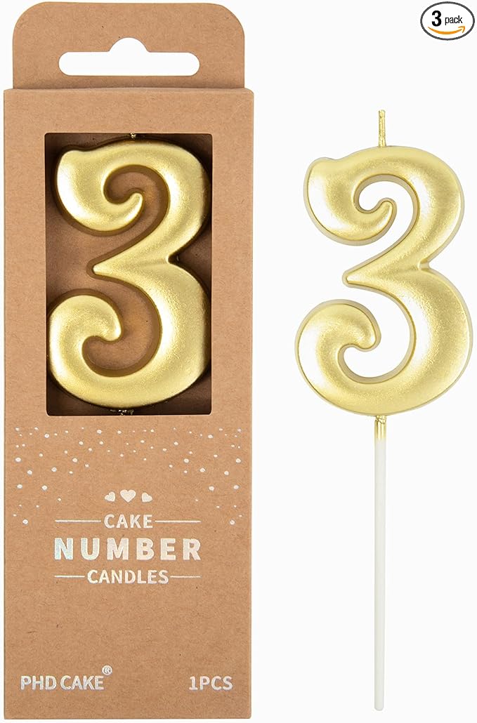 PHD CAKE 2.76 Inch Elegant Gold 3 Number Birthday Candles, Gold Number Candles, Cake Number Candles, Party Celebration