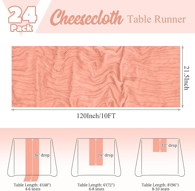 24 Pack Coral Table Runner 10Ft Cheesecloth Table Runner Rustic Gauze Table Runners Romantic Long Sheer Fabric Cheese Cloth Table Runners for Wedding Party Bridal Baby Shower