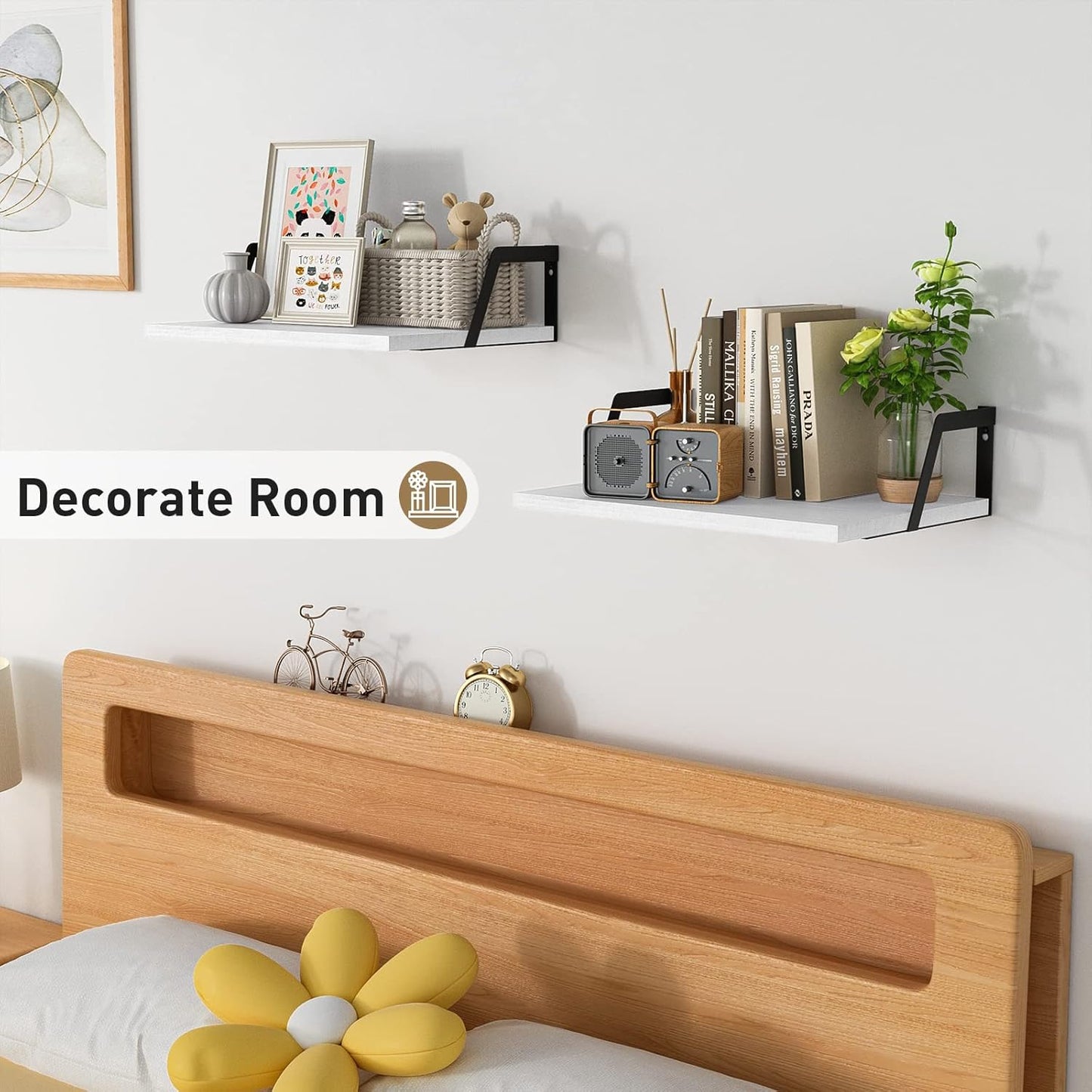 SRIWATANA Floating Shelves Wall Mounted Set of 2 Rustic Wood Shelves with Large Capacity(Washed White)