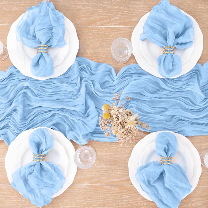MLMC Light Blue Table Runner Baby Blue Cheesecloth Table Runner 10ft Baby Shower Decorations Rustic Gauze Cheese Cloth Centerpiece 35x120 Inches for Gender Reveal Birthday Party Wedding Decor