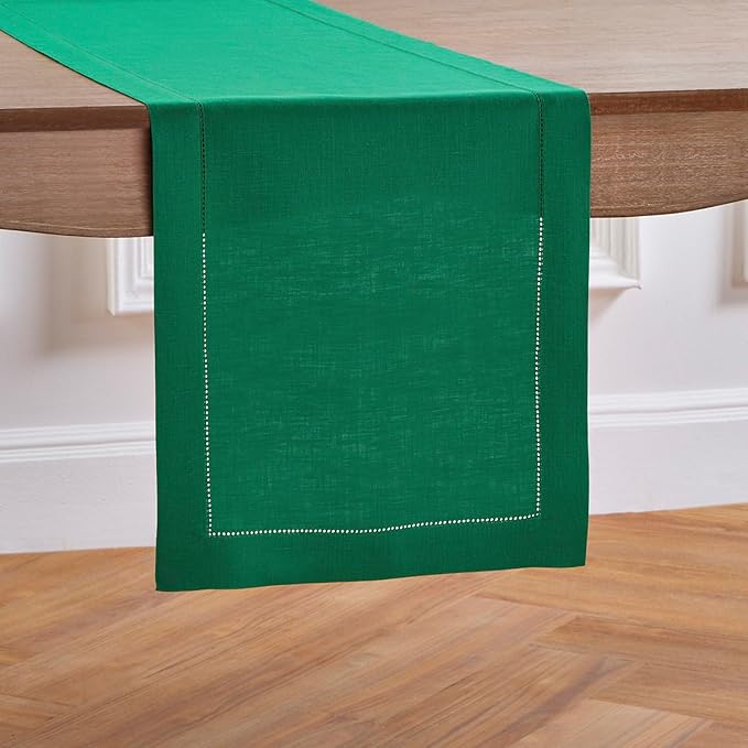 Solino Home Linen Table Runner 90 Inches Long - 100% Pure Linen Emerald Green Table Runner 14 x 90 Inch for Christmas, New Year - Classic Hemstitch