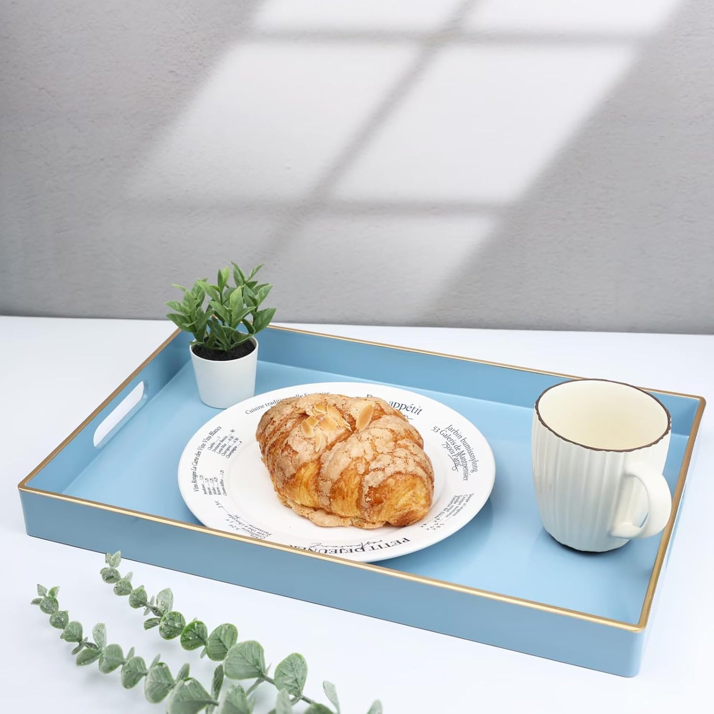 Spsyrine Blue Decorative Serving Tray with Handles, Elegant Plastic Coffee Table Tray for Ottoman, Living Room, Home Decor 15.6" X 10.2" Light Blue