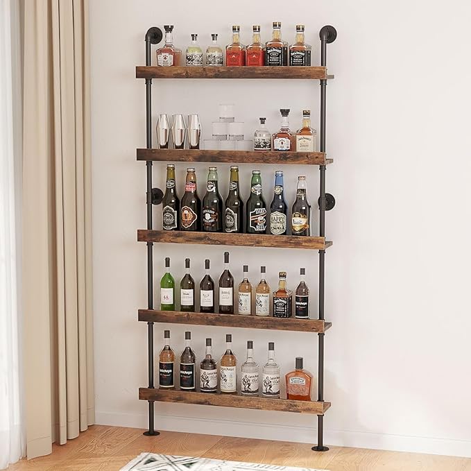 5-Tier Wall Mounted Wine Rack, Industrial Pipe Bar Shelf for Wine Bottle Storage, Industrial Pipe Shelves Shelf Shelving for Home Bar Dining Room Kitchen (23.6" W x 79" H x 8.6" D)