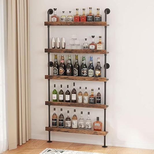 5-Tier Wall Mounted Wine Rack, Industrial Pipe Bar Shelf for Wine Bottle Storage, Industrial Pipe Shelves Shelf Shelving for Home Bar Dining Room Kitchen (23.6" W x 79" H x 8.6" D)