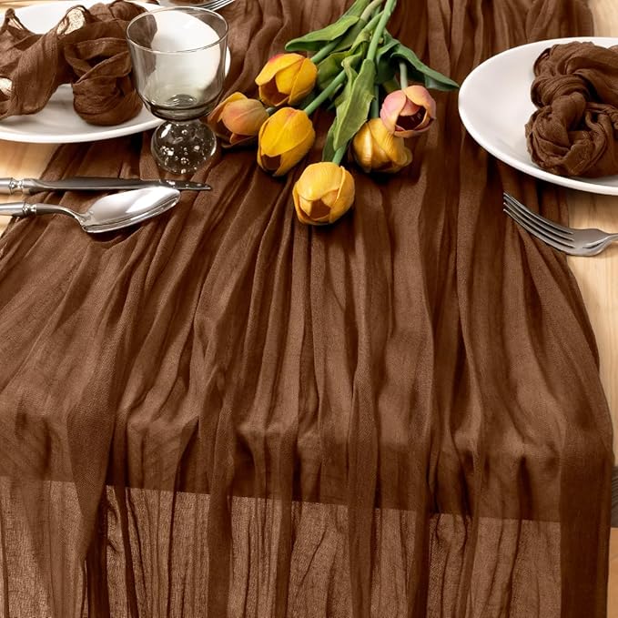 MLMC 3 Pack Brown Table Runner 10ft Boho Rustic Gauze Coffee Cheesecloth Table Runner Neutral Winter Decor 35x120 Inches for Wedding Bridal Shower Reception Party Decor