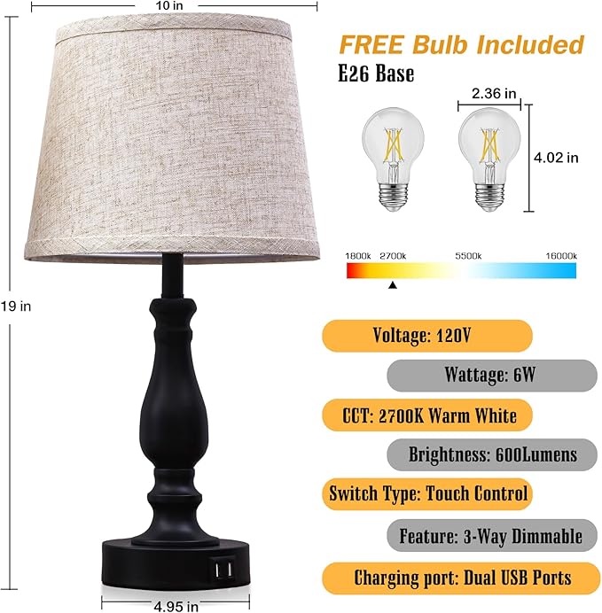 Table Lamps Set of 2, Bedside Nightstand Lamps with USB Charging Ports,Dimmable Touch with Linen Fabric Lampshade, Modern Small Lamp for Bedrooms, Living Room (Bulbs Included)