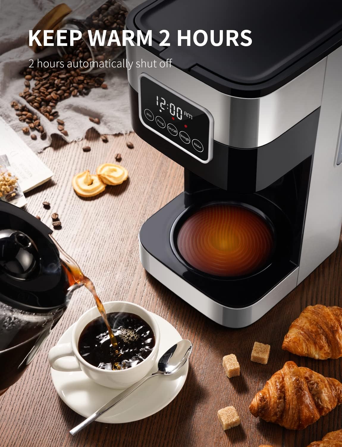 SHARDOR 10-Cup Programmable Coffee Maker, Regular & Strong Brew Drip Coffee Machine for Home and Office, Auto Shut Off, Permanent Filter, Silver