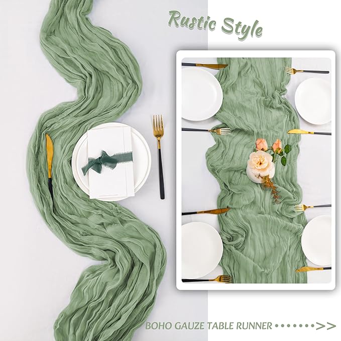 12 Pack Sage Green Table Runner 10FT Cheesecloth Table Runner 21 x 120 inch Boho Gauze Cheese Cloth Table Runner Rustic Sheer Table Runner for Party Wedding Bridal Baby Shower Birthday Table Decor