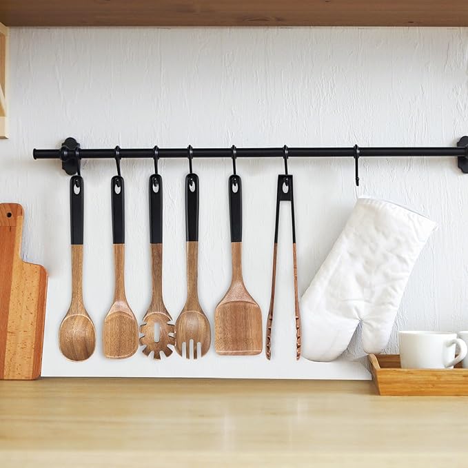 Wooden Spoons For Cooking, 6 PCS Natural Acacia Wooden Cooking Utensils, Smooth Grip Wood Cooking Spoons with Hanging Hole, Non-Stick Wooden Kitchen Utensil Set for Kitchen Essentials, Black