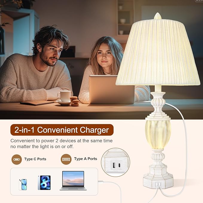 27" Rustic End Table Lamp Set of 2 with Night Light for Bedroom Living Room USB Charging Pots Farmhouse Bedside Lamp with Pleated Shade Boho Nightstand Lamps for Room Office Hotel Dorm(Bulb Included)