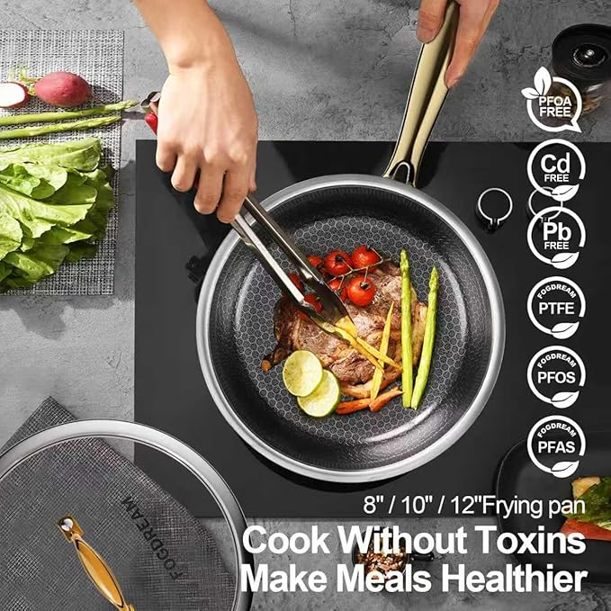 Fogdream 10” Non Stick Frying Pans, Stainless Steel Skillet with Lid, Tri-Ply Stainless Steel for All Cooktops, Dishwasher and Oven-Safe Cooking Pan, Stay-Cool Handle, Gold