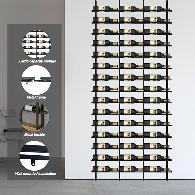 Large Wall Mount Wine Rack, 16 Tier 48 Bottle Wine Storage Organizer Display Holder, Modern Metal Wine Storage for Wine Cellars, Home Bars, Kitchens, and Dining Rooms