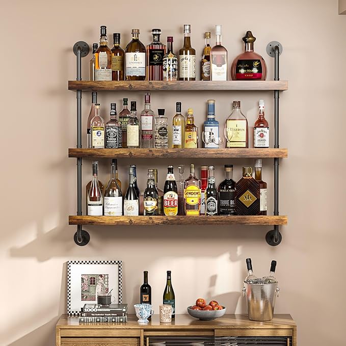 3-Tier Wall Mounted Wine Rack with LED,Liquor Bottles Floating Shelves Display Storage Organizer for Home Bar Dining Room Kitchen (23.6" W x 47.2" H x 8.6" D)