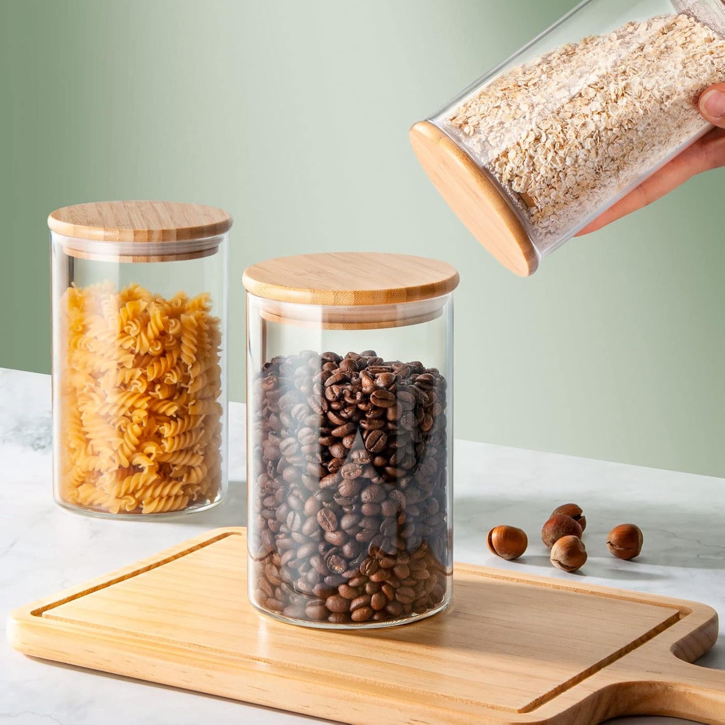 32 FL Oz Glass Jars with Bamboo Lid Set, 4Pack UPGRADE Thick Glass Pantry Storage Canisters Kitchen Clear Food Containers, for Dry Foods Nut Meal Prep Coffee Bean Candy Sugar Cookie Cereal