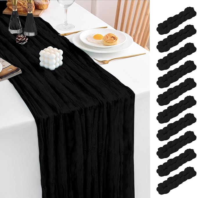 10 Pack 120 Inch Cheesecloth Black Table Runner 10FT Boho Gauze Table Runners Long Cheese Cloth Table Runner Semi Sheer Runners for Wedding Bridal Baby Shower Party