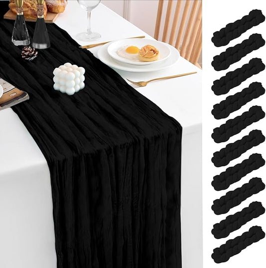 10 Pack 120 Inch Cheesecloth Black Table Runner 10FT Boho Gauze Table Runners Long Cheese Cloth Table Runner Semi Sheer Runners for Wedding Bridal Baby Shower Party