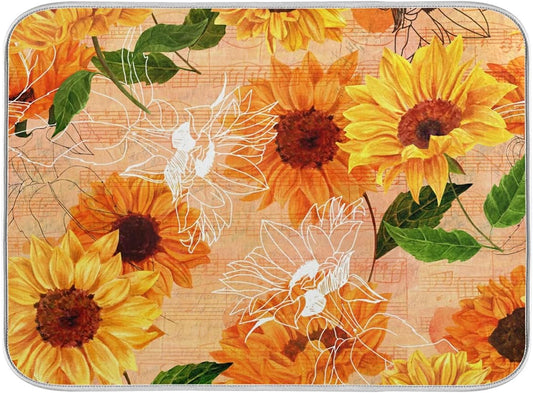 Super Absorbent Dish Drying Mat, Microfiber Fast-Drying Dish Mat, 16" x 18", Kitchen Dish Drying Pad, Watercolor Sunflowers