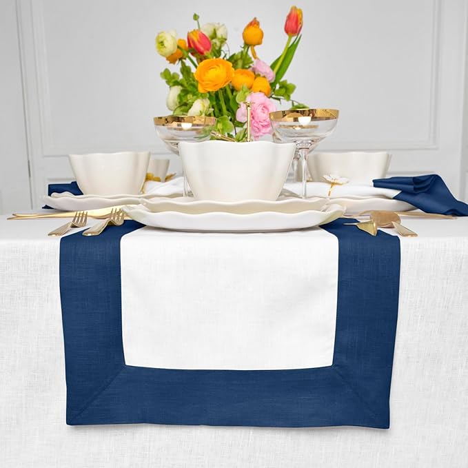 Solino Home Linen Table Runner 36 Inches - 100% Pure Linen Indigo Blue and White Table Runner 14 x 36 Inch Ideal for Dresser and Coffee Tables - Contempo