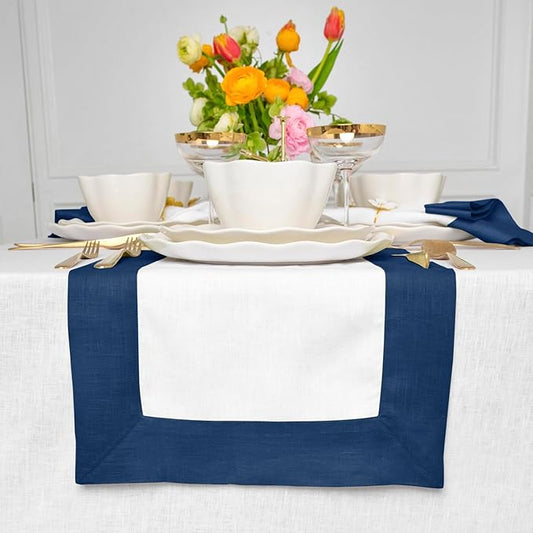 Solino Home Linen Table Runner 48 Inches - 100% Pure Linen Indigo Blue and White Table Runner 14 x 48 Inch Ideal for Dresser and Coffee Tables - Contempo
