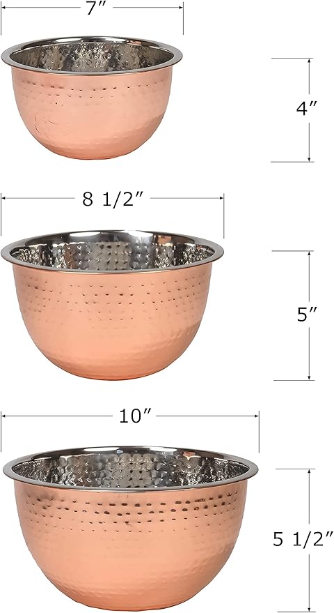Red Co. Set of 3 Stainless Steel Nesting Mix and Serve Bowls, 5, 3, and 1.5 Qt. - Hammered Copper Finish