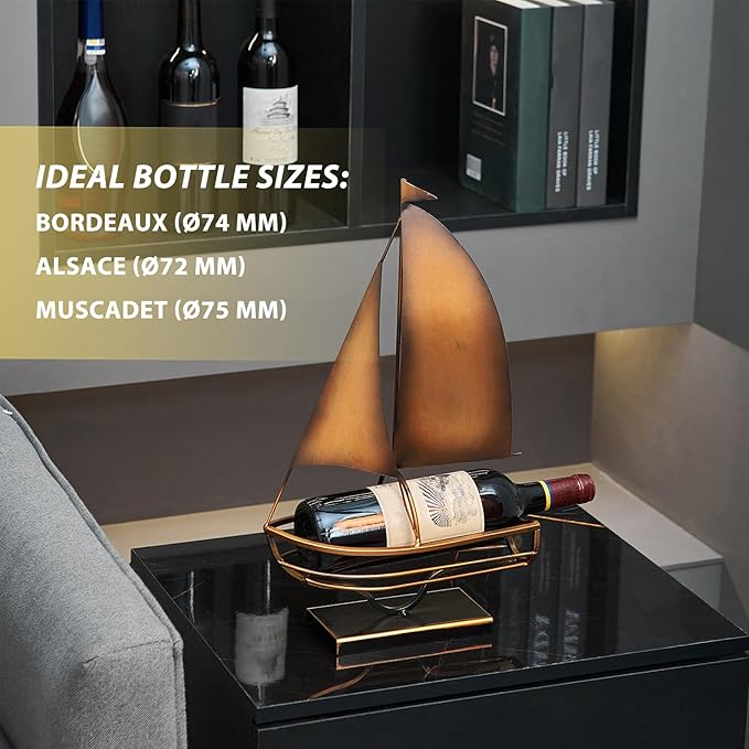 Metal Sailboat Wine Rack for Countertop – Decorative Wine Bottle Holder for Kitchen Bar Dining Table, Boat Sculpture Wine Stand Nautical Home Decor (Brass)