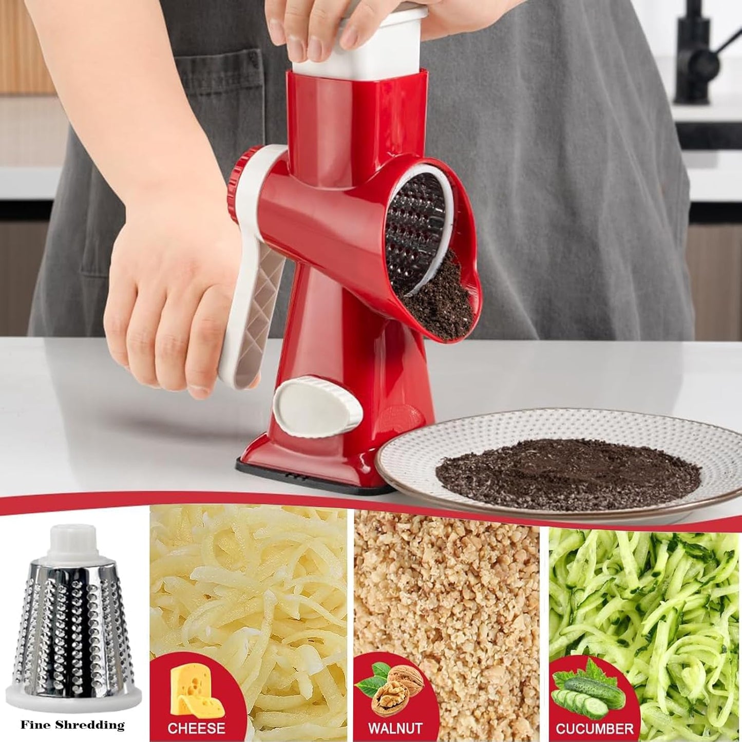 Rotary Cheese Grater Multi-Purpose Stainless Steel Cheese Shredder - Cheese Grater With Handle Effortless Grating of Carrots, Potatoes, Vegetables, and Fruits (Red)