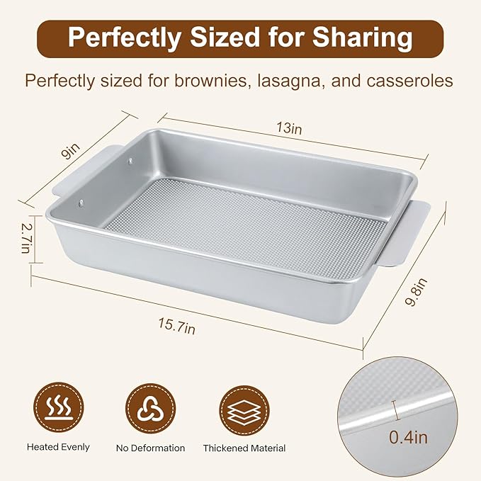 9x13 Baking Pan with Easy-Grip Handles, Aluminized Steel Textured Nonstick Rectangle Cake Pan, Deep Brownie & Lasagna Pan, Warp-Resistant Heavy-Duty Bakeware for Family Meals