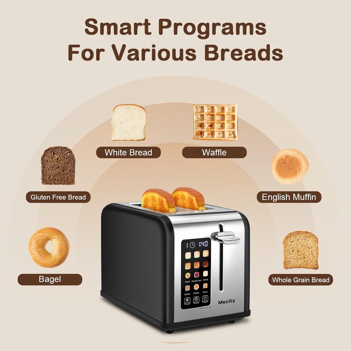 Mecity 2 Slice Touch Screen Toaster, 1.5" Wide Slot, Stainless Steel Smart Toaster for Bagels, Muffins, Waffles, Gluten-Free Breads, Defrost, Reheat, Timer, 120V 825W, Matt Black
