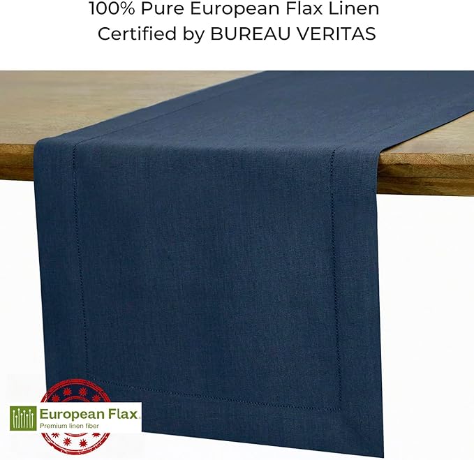 D'Moksha Homes Linen Navy Blue Table Runner 60 Inches - Classic Hemstitch, 100% Pure Linen Coffee Table Runner 14 x 60 Inch Ideal for Dresser Tables - Winter, Christmas, Holiday, New Year