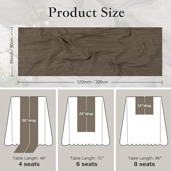 Leetaltree Taupe Cheesecloth Table Runner, 35x120 Inch Boho Rustic Cheese Cloth Runner, Decorative Runner for Bridal Baby Shower or Wedding Table Decorations