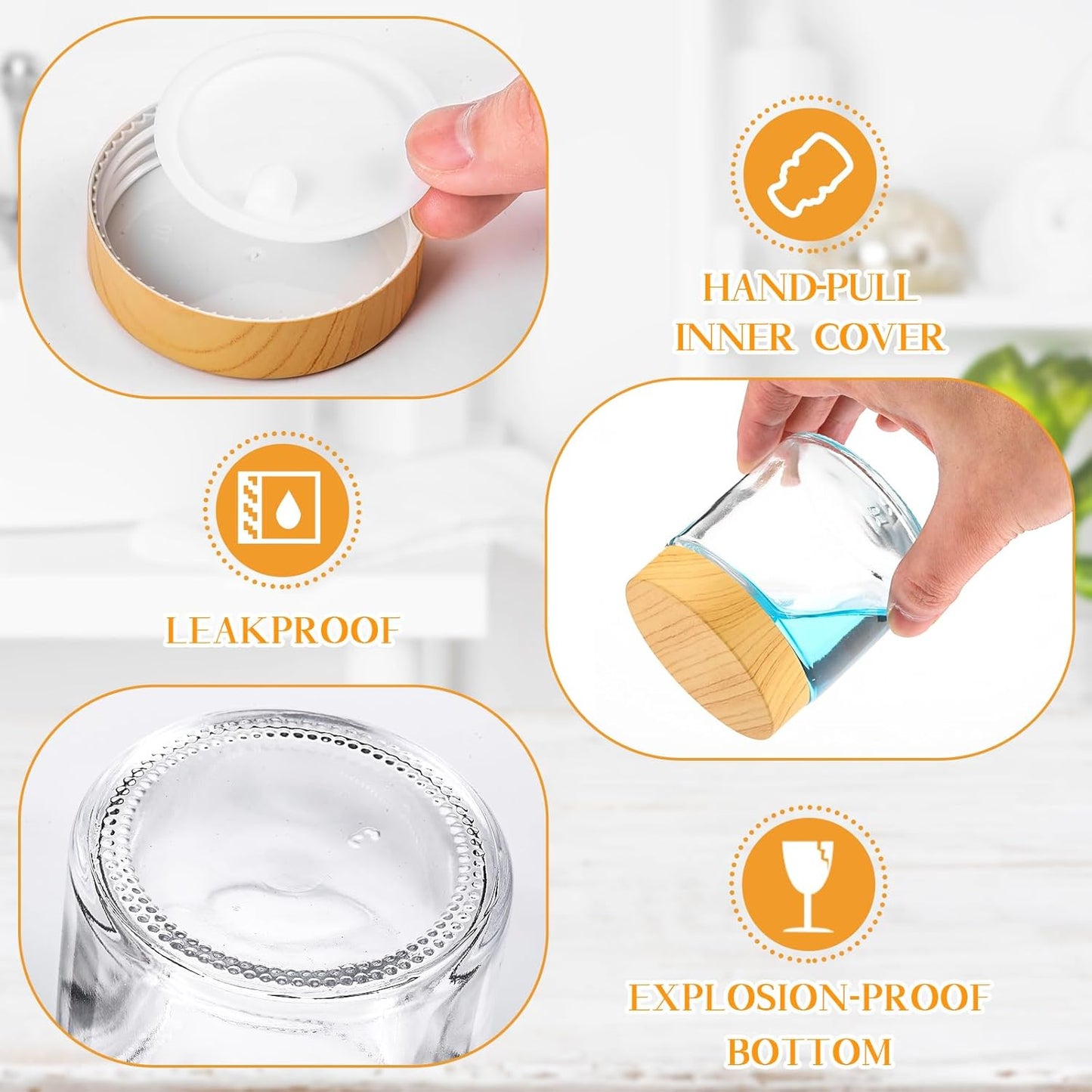 Norme 64 Pcs 4 oz Glass Jars with Lids Empty Small Glass Containers and Inner Liners Reusable Cosmetic Jars Round Airtight Bottles with Plastic Woodgrain Lids for Travel