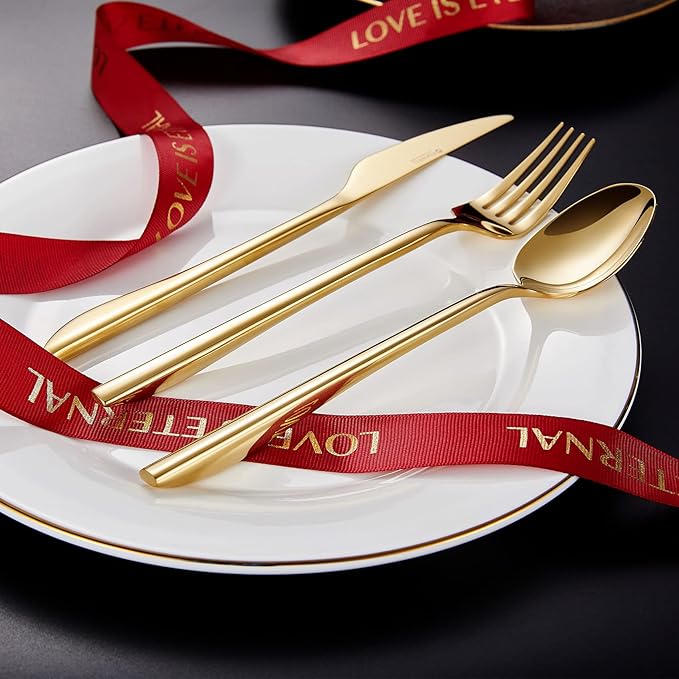 KEAWELL 20-Piece Luxury Mirror Polished Cutlery Set, 18/10 Stainless Steel Tableware, Modern Silverware Set Includes 8 x Spoons, 8 x Forks, 4 x Knives Durable Flatware for Home Kitchen in Gold