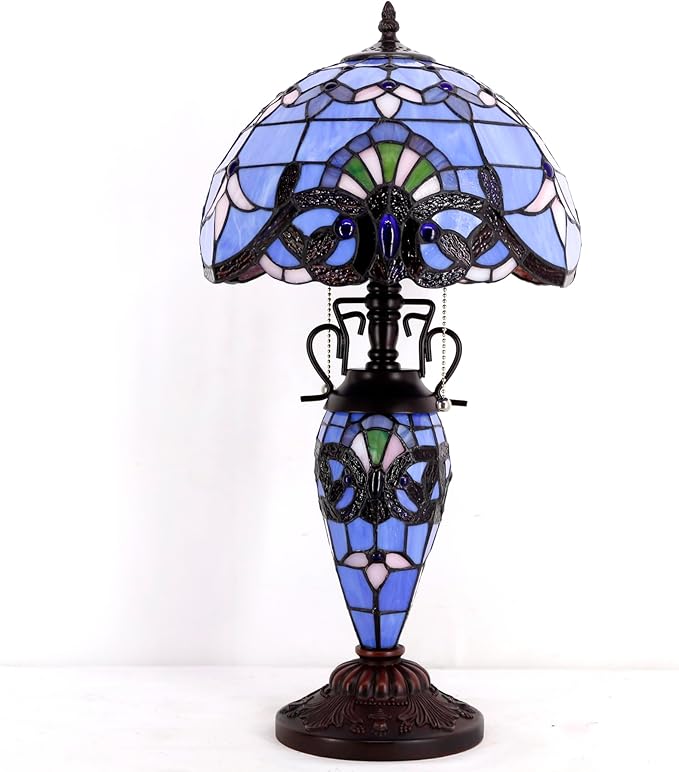 WERFACTORY Tiffany Style Table Lamp Lavender Blue Purple Baroque Stained Glass 12X12X22 Inches Mother-Daughter Vase Desk Light Decor Bedroom Living Room Home Office S003C Series