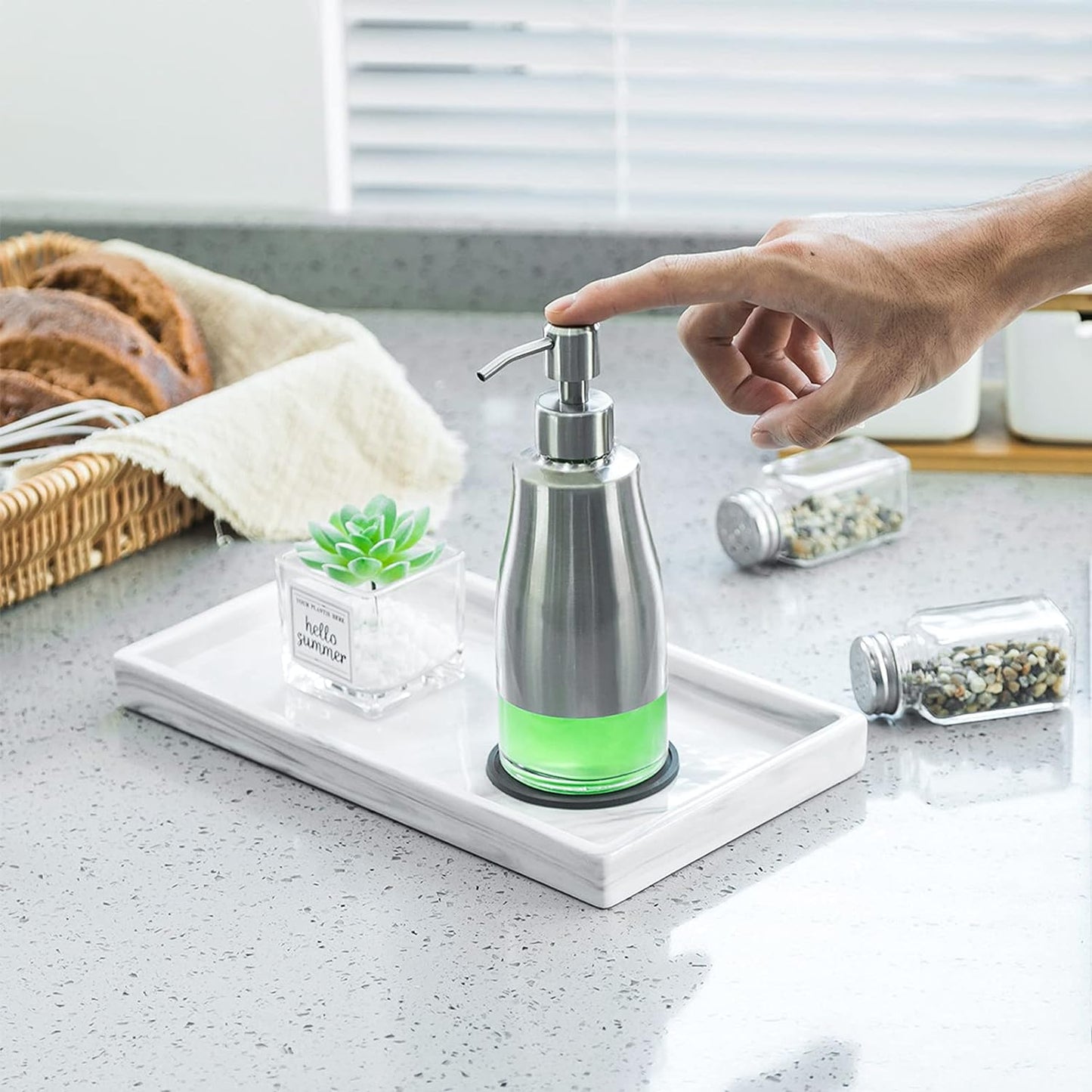 2 Pack Soap Dispenser with Coaster and Stickers, Stainless Steel Case Glass Liner Hand Pump Dispenser, Refillable Liquid Hand Soap Dispenser for Bathroom & Kitchen - Brushed Nickel