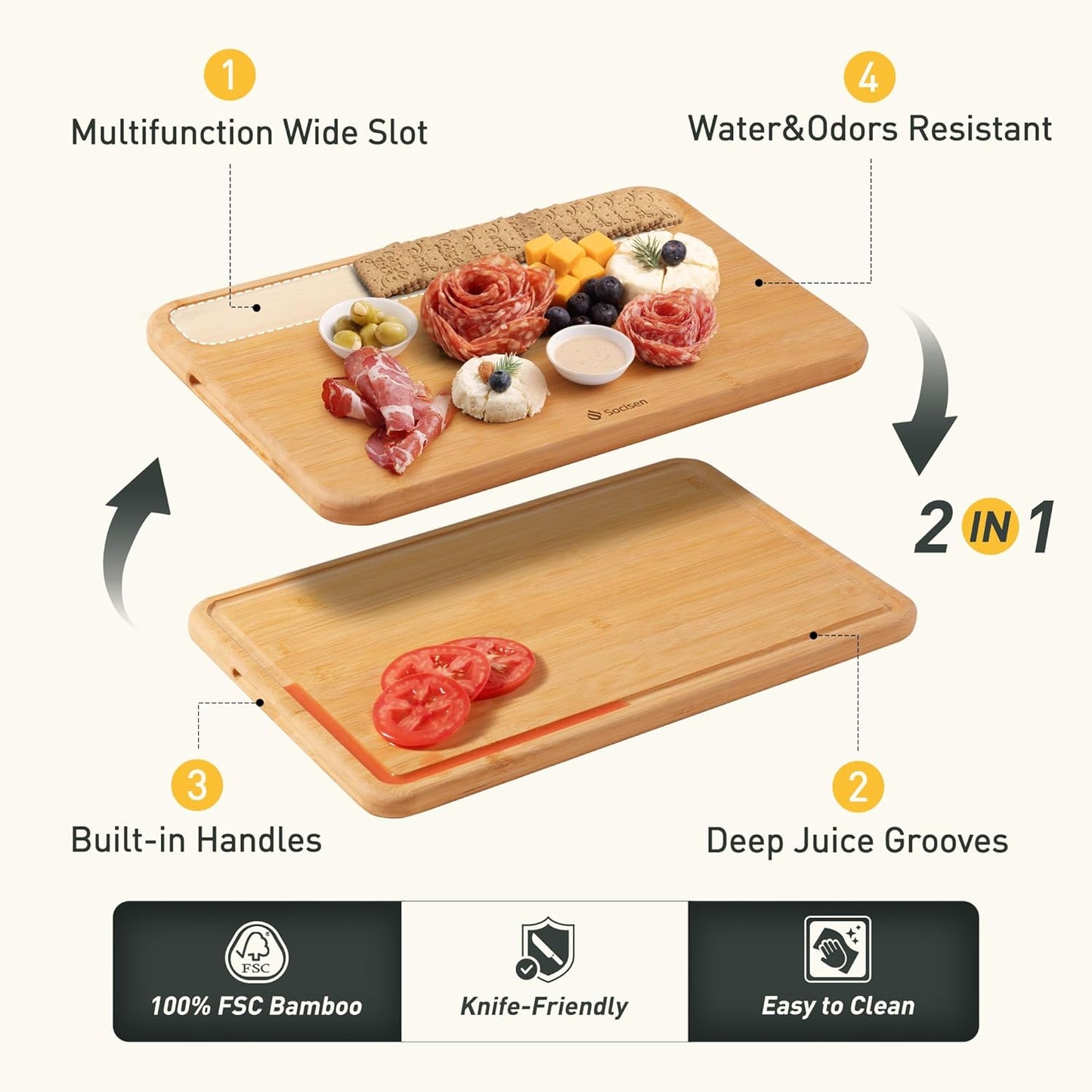 3 Packs Bamboo Cutting Board Set Non Toxic Wood Cutting Boards for Kitchen with Juice Grooves Built-in Handles, Ideal Charcuterie & Chopping for Meat Vegetables Fruits Kitchen Gift for Home Cooks