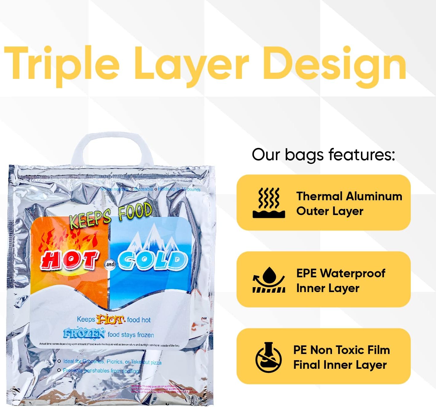 Superio Hot and Cold Insulated Bags for Food Delivery, Grocery Shopping Bags, Food Storage for Hot and Frozen Food for Travel, Disposable Cooler Bag, Reinforced Thermal Lunch Bag (6, 13"x7"x15.5")