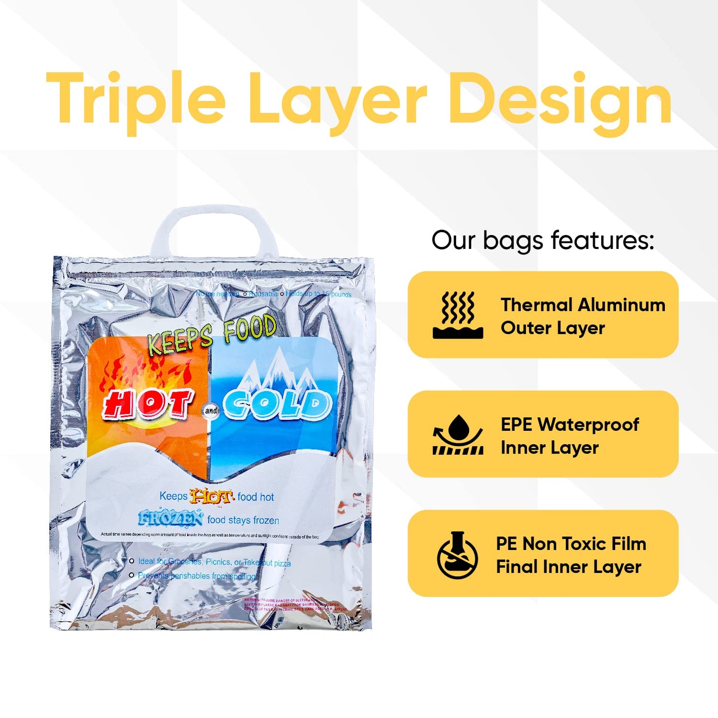 Superio Hot and Cold Insulated Bags for Food Delivery, Grocery Shopping Bags, Food Storage for Hot and Frozen Food for Travel, Disposable Cooler Bag, Reinforced Thermal Lunch Bag (8, 12"x13.5")