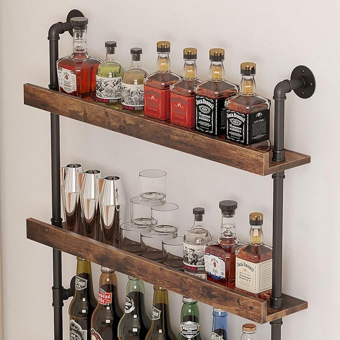5-Tier Wall Mounted Wine Rack, Industrial Pipe Bar Shelf for Wine Bottle Storage, Industrial Pipe Shelves Shelf Shelving for Home Bar Dining Room Kitchen (23.6" W x 79" H x 8.6" D)