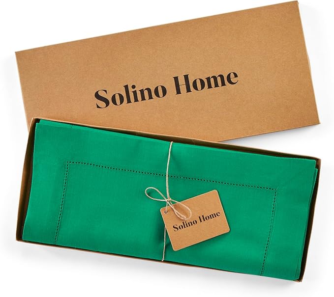 Solino Home Linen Table Runner 90 Inches Long - 100% Pure Linen Emerald Green Table Runner 14 x 90 Inch for Christmas, New Year - Classic Hemstitch
